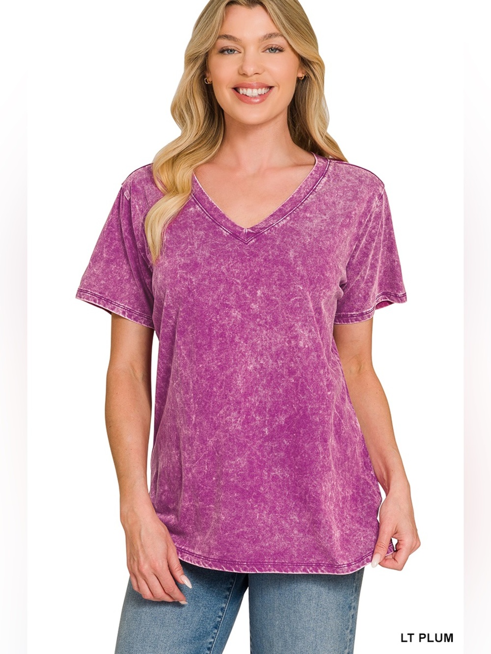 Zenana WASHED SHORT SLEEVE V-NECK TOP